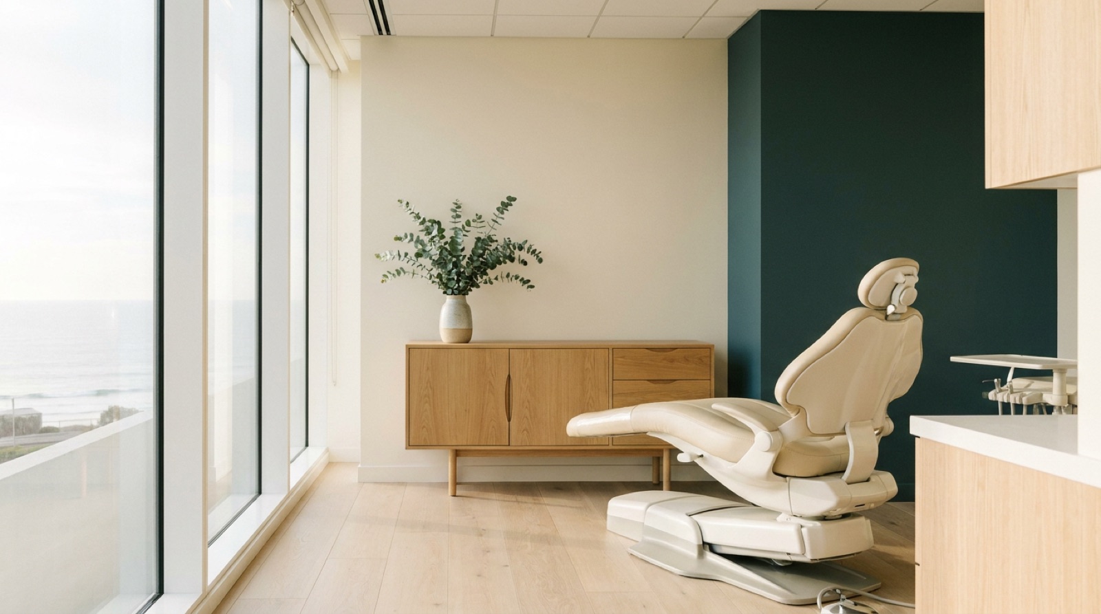 Calm, modern dental surgery filled with soft coastal light